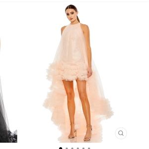 NEW Mac Duggal Tulle high neck sleeveless ruffled hem Hi-Lo gown